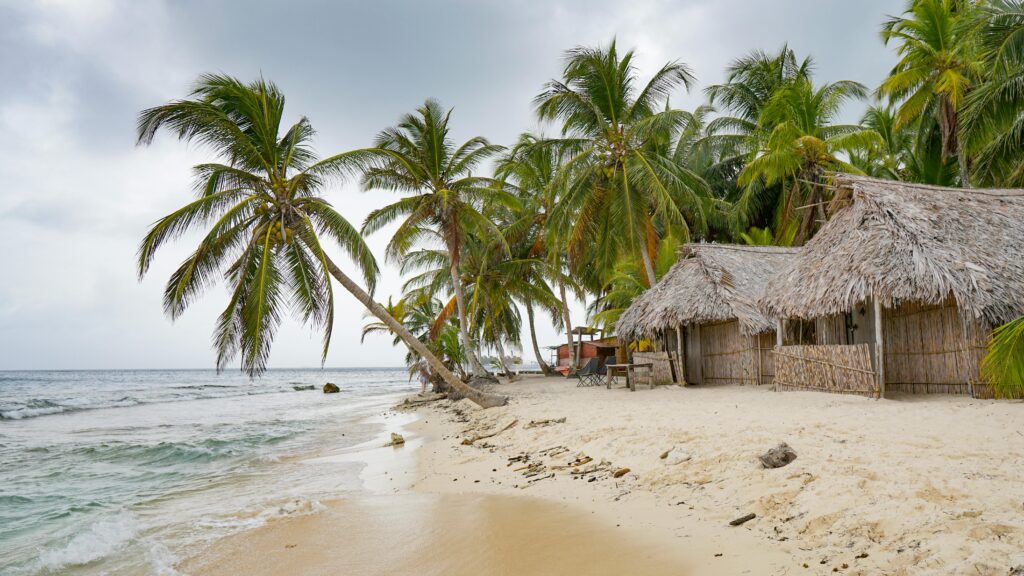 Idyllic beach scene with palm trees and huts in Guna Yala, Panama, showing a beach of San Blas.